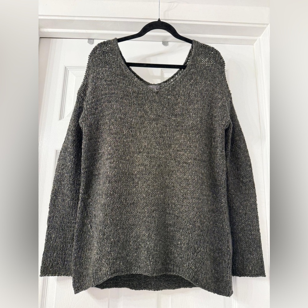 Vince Wool Alpaca Linen Blend Chunky Knit V-Neck Sweater Small Charcoal Gray - Picture 1 of 9